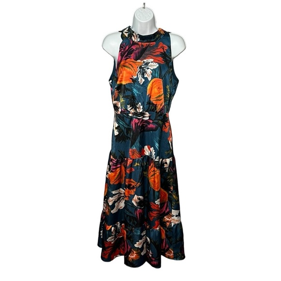 Sam Edelman Satin Midi Dress Elegant Floral Halter Neck Sleeveless Tiered Design - Picture 3 of 15